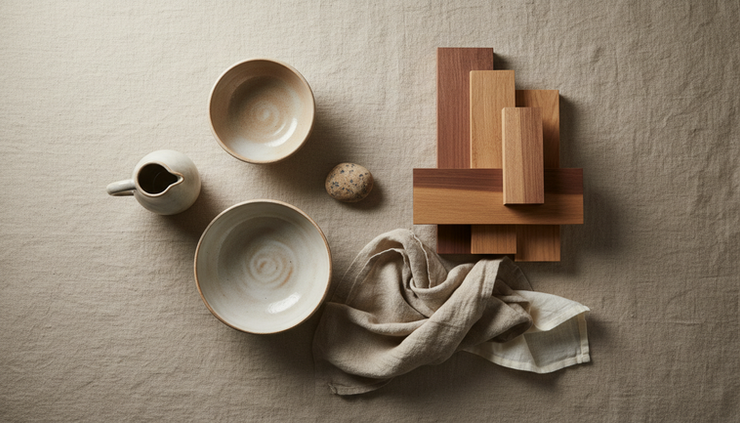 Overhead view of ceramic vessels, wood samples, and folded textiles in neutral tones