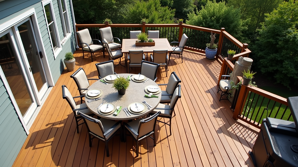 High angle view of a newly built wooden deck with outdoor dining set