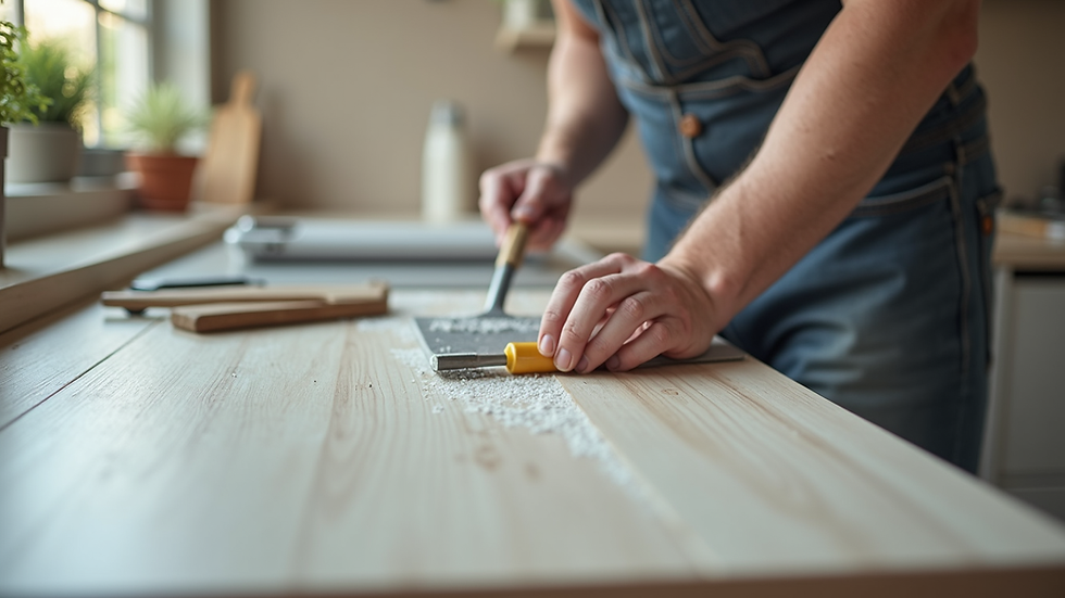 Close-up view of kitchen countertop installation with tools