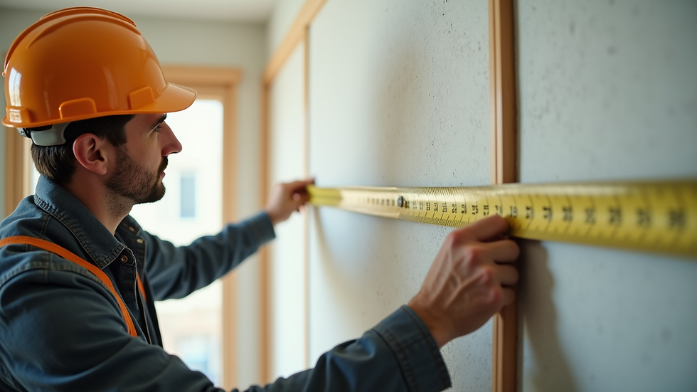 Close-up view of a contractor measuring a wall for renovation