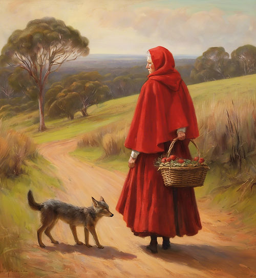 image of little red riding hood and her grandmother in Australia in the style of Frederick
