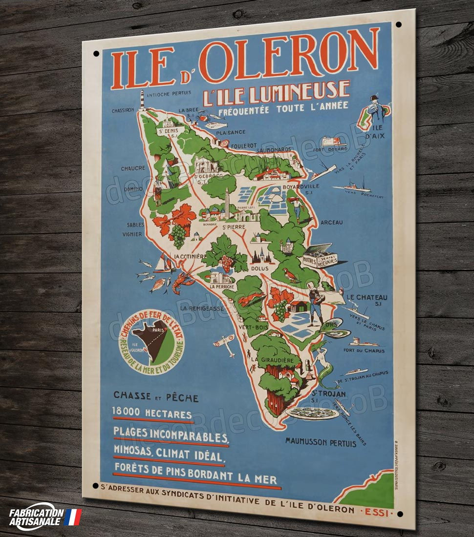 Plaque métal déco, repro ancienne affiche Ile d'Oléron 30x20cm