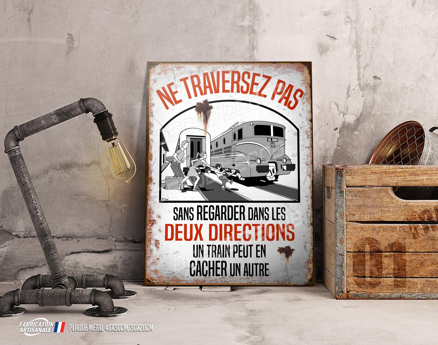 Plaque métal "un train peut en cacher un autre" signalisation vintage gare SNCF