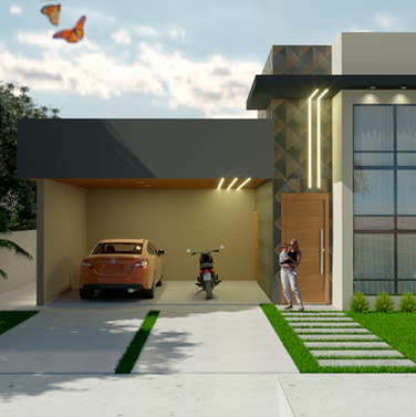 Fachada de casa moderna, com vidro na fachada, porta de madeira, perfis de led e grama na frente da casa