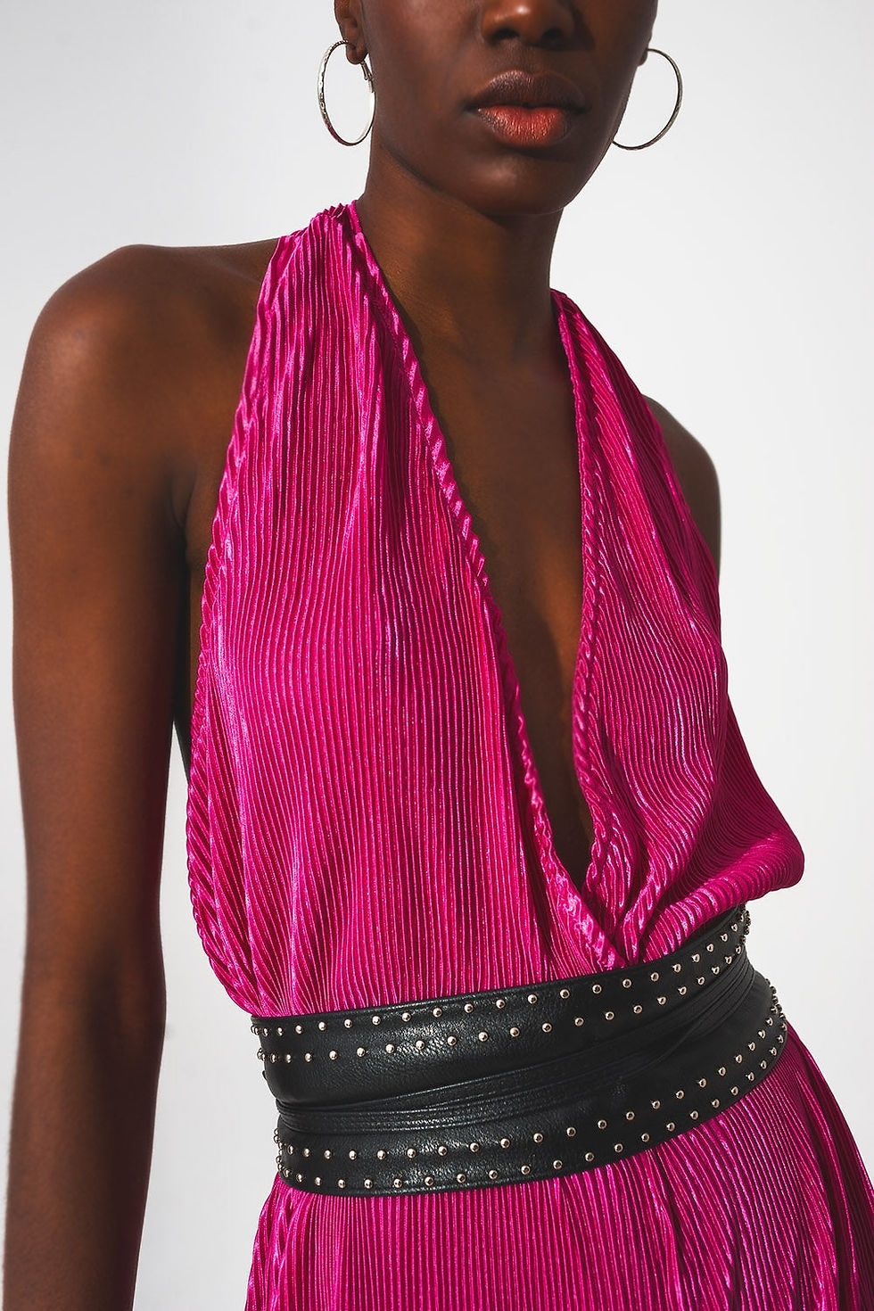 Miniatura: Satin Halter Neck Pleated Maxi Jumpsuit in Fuchsia