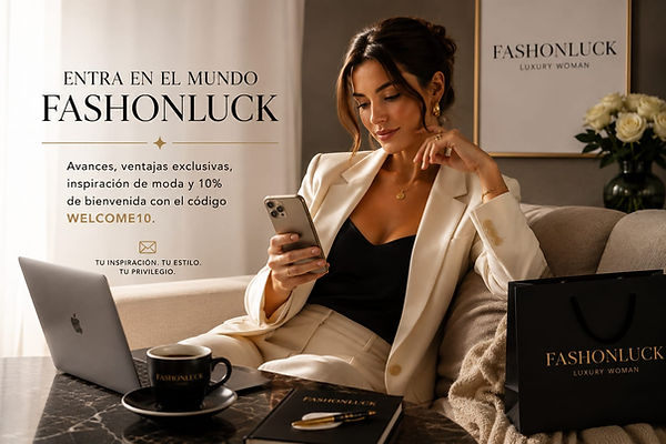 Mujer elegante consultando la Newsletter Moda de Lujo FashonLuck entre inspiración fashion, ventajas exclusivas y estilo premium.