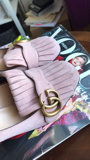 Thumbnail: Gucci GG Marmont Kiltie Light Pink Suede Mid-Heel Pump 7.5