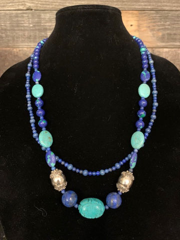 Double Strand, Gemstone, Carved Turquoise and Silver Plate Beads