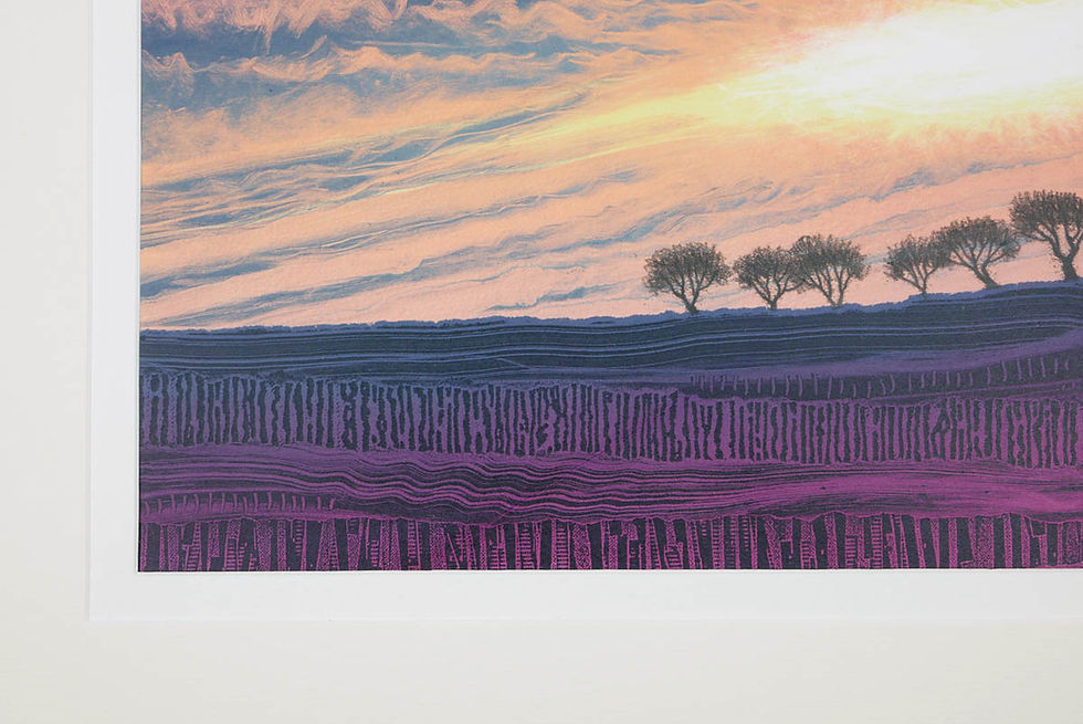 Thumbnail: Rebecca Vincent sunset sky landscape trees on horizon cirrus clouds original monotype painting