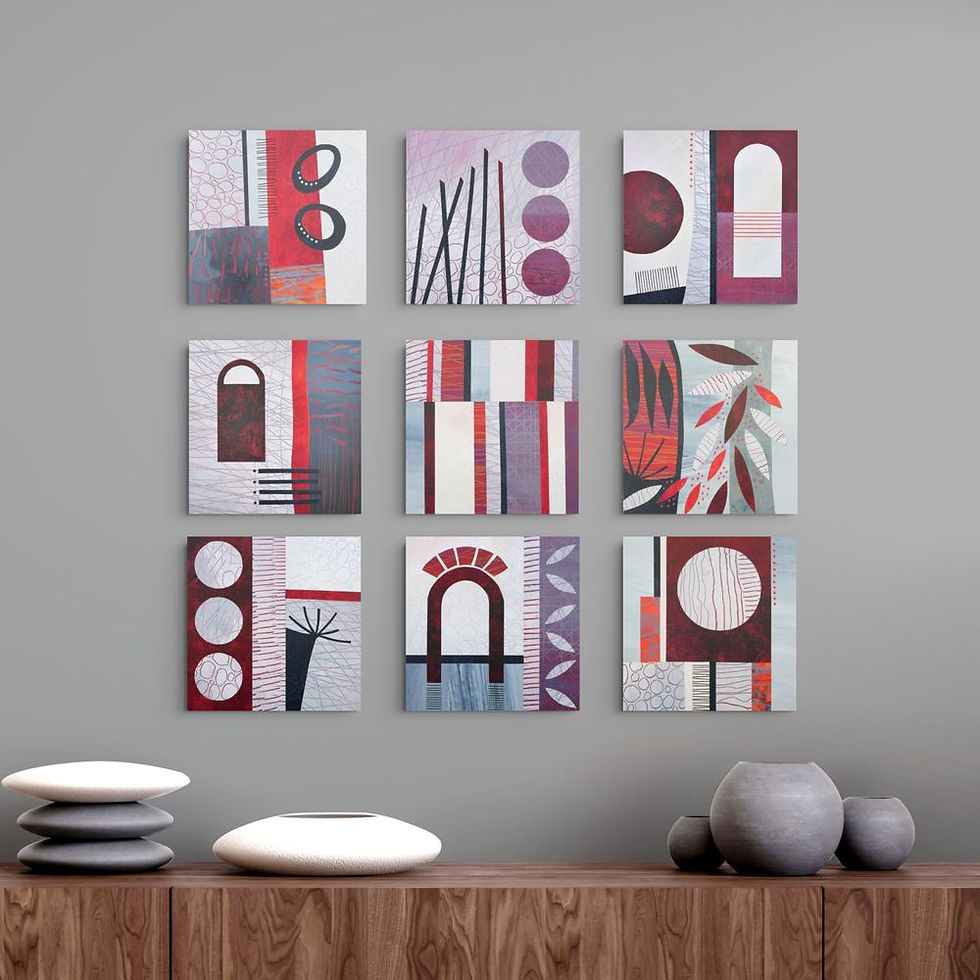 Rebecca Vincent improvisation in red and grey set nine collages on wood panels abstract contemporary style