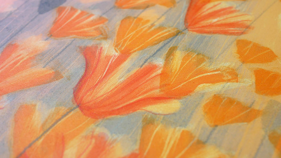 Thumbnail: Summer Dreams poppy field painting Rebecca Vincent drfit or poppies back lighting impressionist pink gold red monotype
