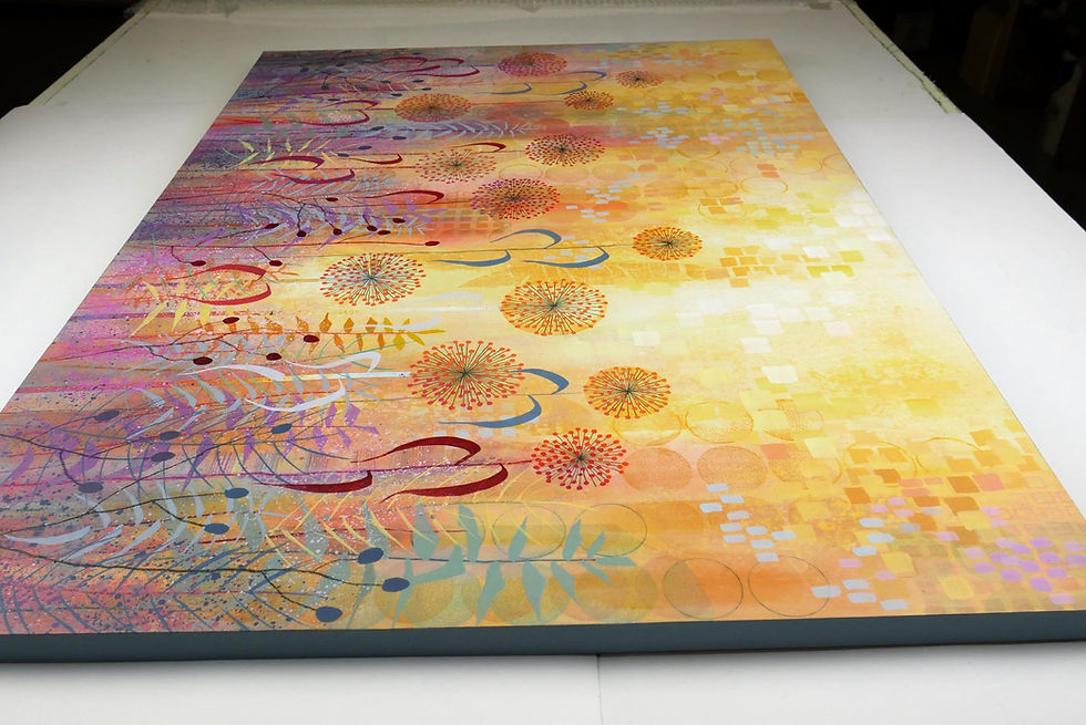 Thumbnail: Heads in the Sun original acrylic painting Alliums seedheads by Rebecca Vincent garden flowers