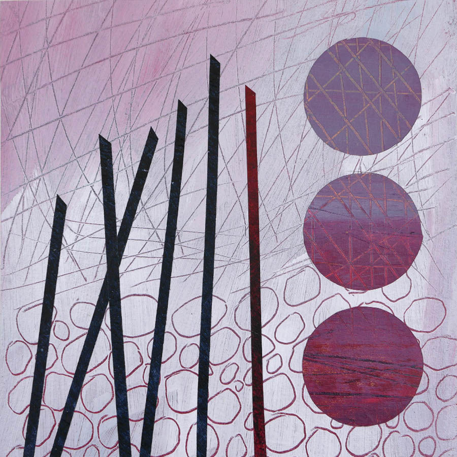 Small abstract collage on wood panel in grey red black by artist Rebecca Vincent