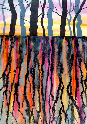 Back to my Roots colourful painting tree roots | Rebecca Vincent