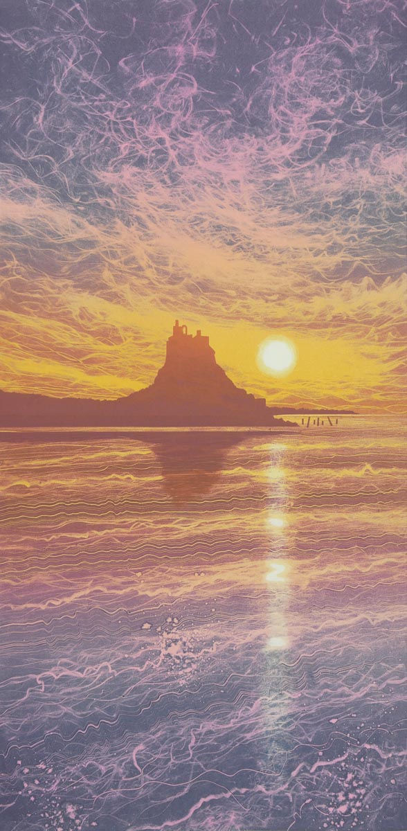 Rebecca Vincent Monotype painting of Lindisfarne Castle, Holy Island, Northumberland, warm golden light over sea at dawn