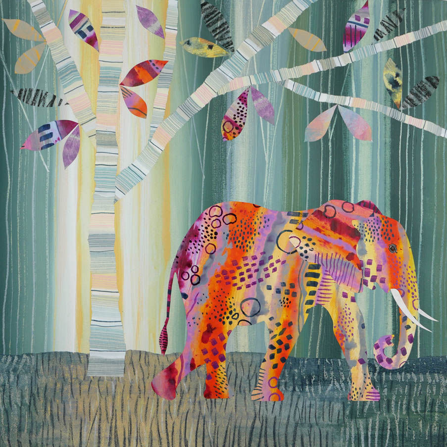 Paintbox elephant - acrylic paint and collage on paper Rebecca Vincent pink elephant painting
