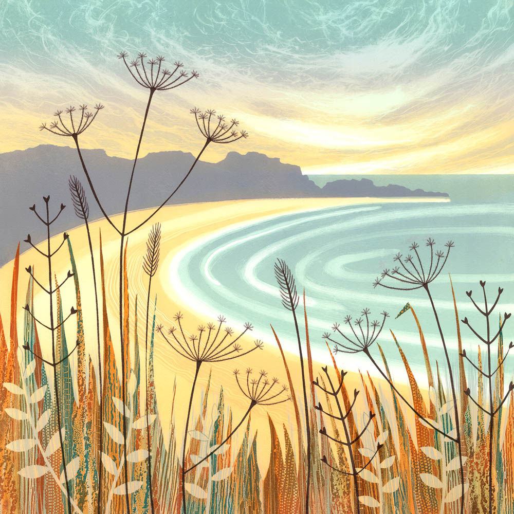 Rebecca Vincent A Breath of Fresh Air original monotype serene coastal scene with seedheads for living room