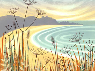 North East Coast painting print rocky headland and cove beach with seedheads Rebecca Vincent