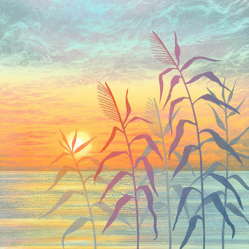 Serenity greetings card Japanese woodcut style reeds grasses sunset ...