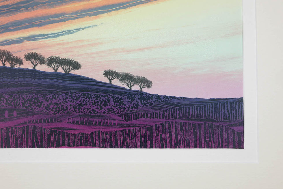 Thumbnail: Rebecca Vincent sunset sky landscape trees on horizon cirrus clouds original monotype painting