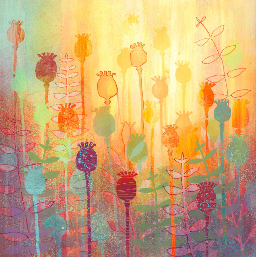 Rebecca Vincent art Poppy Seedheads in light gold red original painting with collage