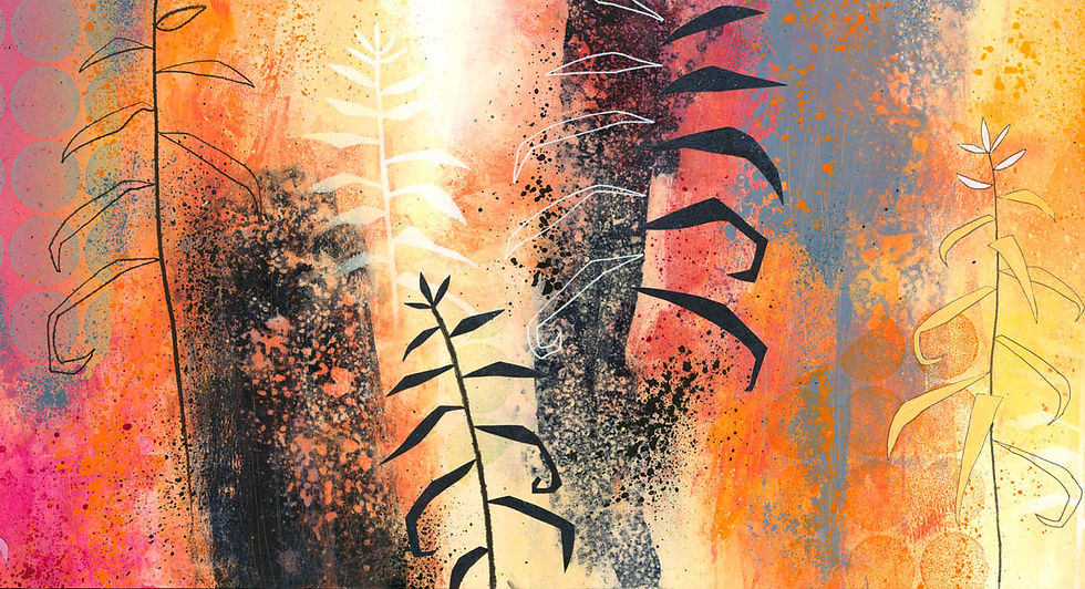 Thumbnail: Rebecca Vincent botanical abstract art acrylic paintings with leaf shapes mixed-media collage living room triptych
