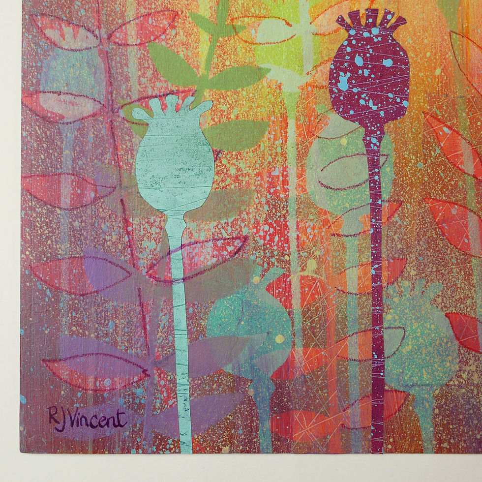 Thumbnail: Rebecca Vincent art Poppy Seedheads in light gold red original painting with collage