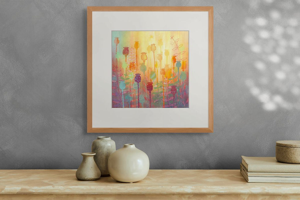 Thumbnail: Rebecca Vincent art Poppy Seedheads in light gold red original painting with collage