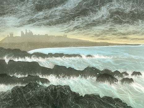 rebecca vincent monotype paintings dunstanburgh castle seascape rocks coastline waves ruins Northumberland