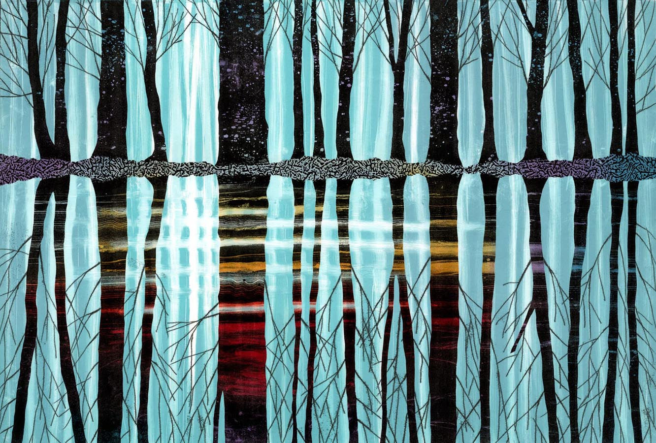 Still Waters Run Deep landscape print UK artist Rebecca Vincent reflected black trees pale blue water red