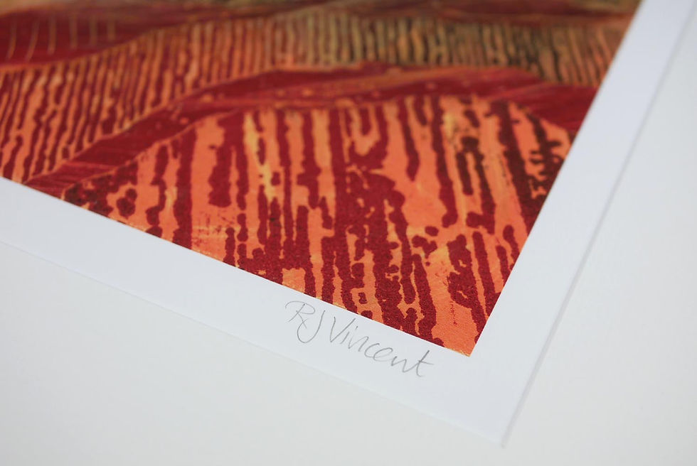 Thumbnail: Blaze of Glory sunset sky with trees on a rocky hillside. Rebecca Vincent prints