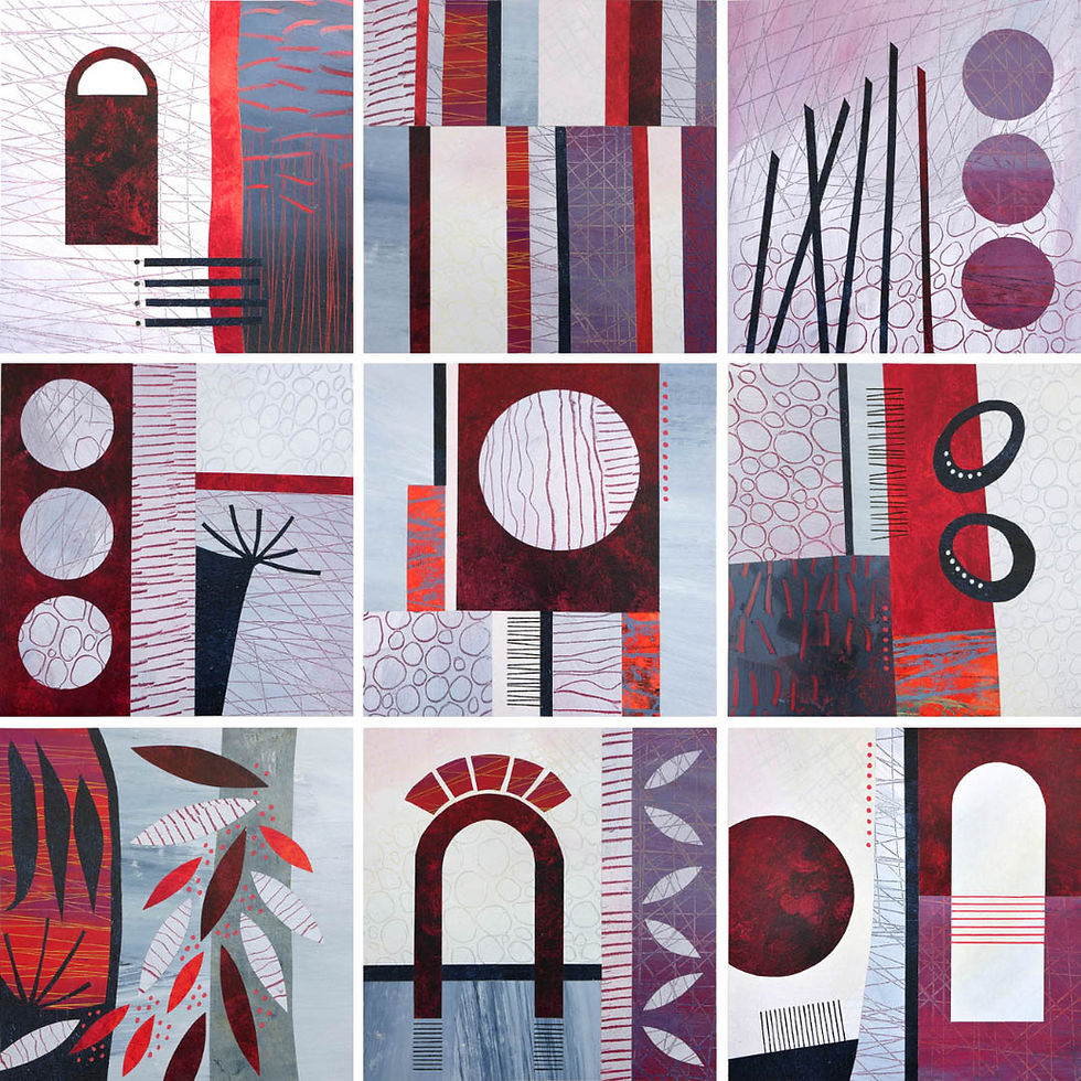 Rebecca Vincent improvisation in red and grey set nine collages on wood panels abstract contemporary style