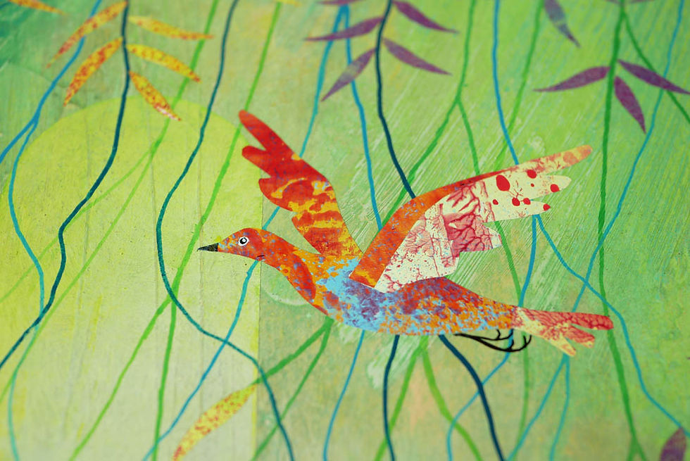 Rebecca Vincent Weeping Willow with Dove painting with collage autumn garden with arch window