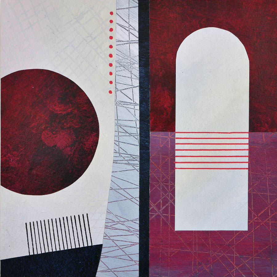 Small abstract collage on wood panel in grey red black by artist Rebecca Vincent