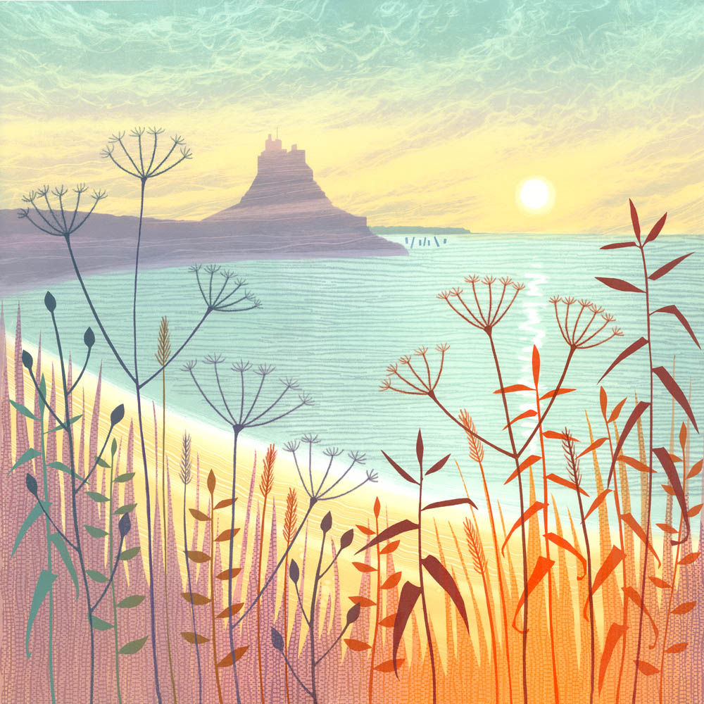 Rebecca Vincent A New Dawn Lindisfarne Castle seascape monotype painting Northumberland coast seedheads sunlight on water