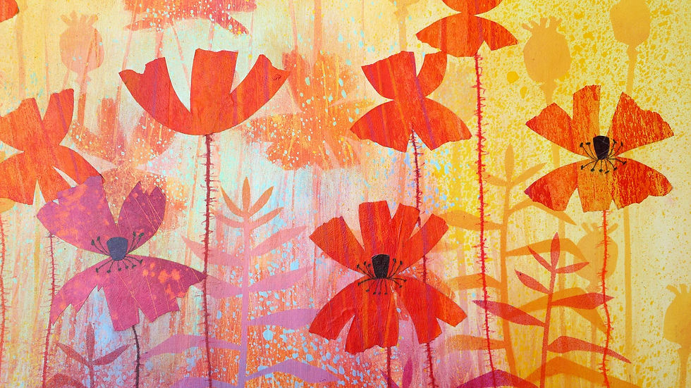 Thumbnail: Rebecca Vincent Poppies Bathed in Gold original painting with collage poppy painting red