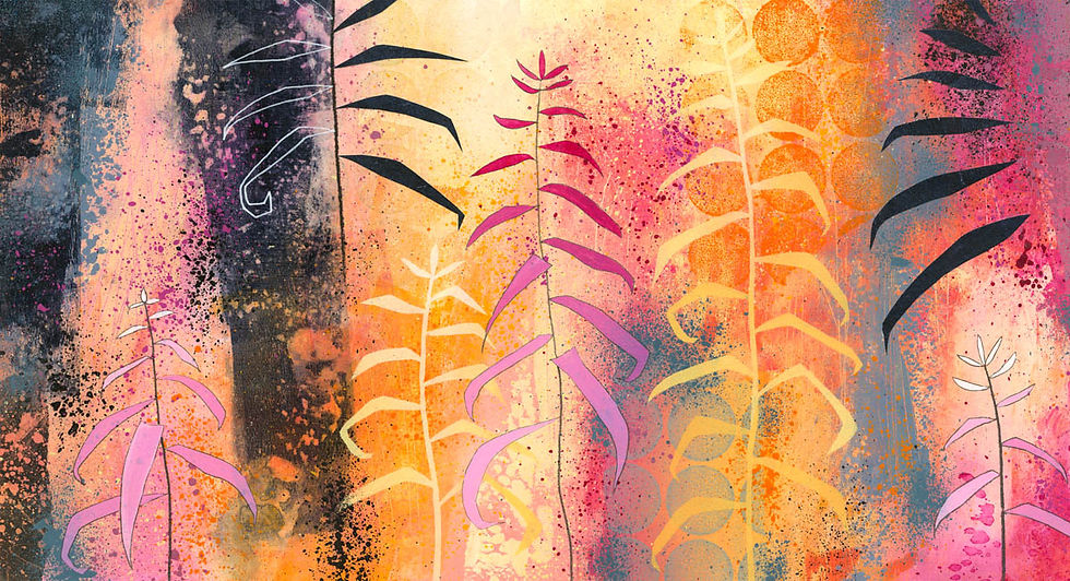 Rebecca Vincent botanical abstract art acrylic paintings with leaf shapes mixed-media collage living room triptych