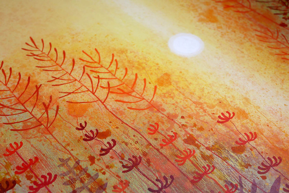Thumbnail: Rebecca Vincent autumn colours painting Indian Summer flower border with low sunlight orange and red