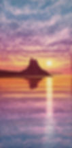 Rebecca Vincent Lindisfarne Castle painting, Holy Island, Northumberland, sunrise forming a glowing bar across the water