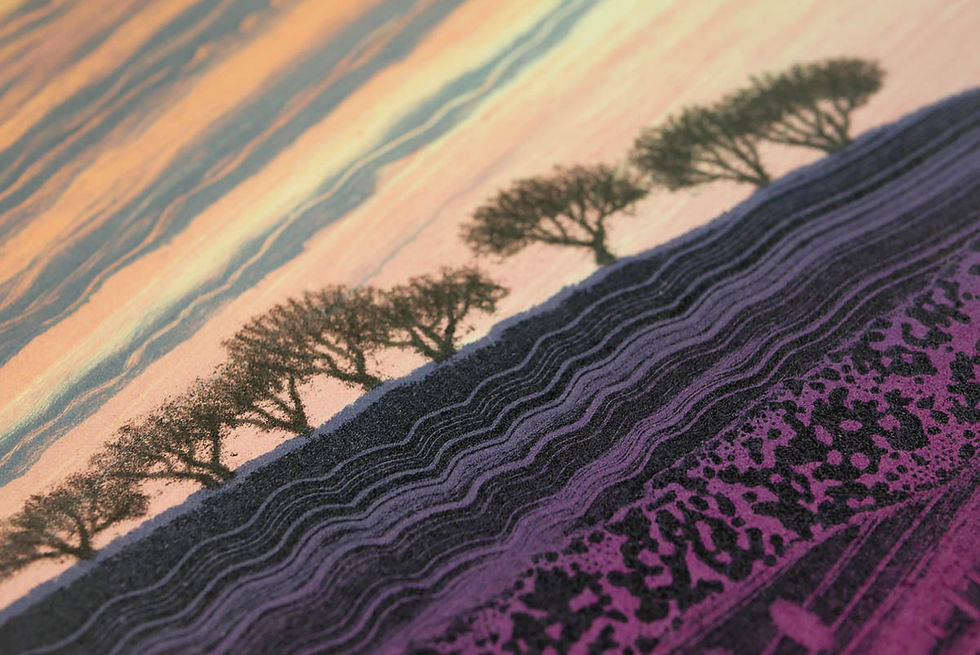 Thumbnail: Rebecca Vincent sunset sky landscape trees on horizon cirrus clouds original monotype painting