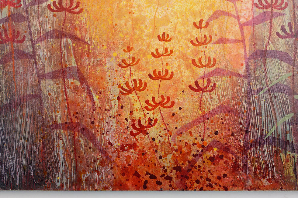 Thumbnail: Rebecca Vincent autumn colours painting Indian Summer flower border with low sunlight orange and red