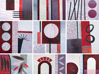 Small abstract collages in grey red black by artist Rebecca Vincent