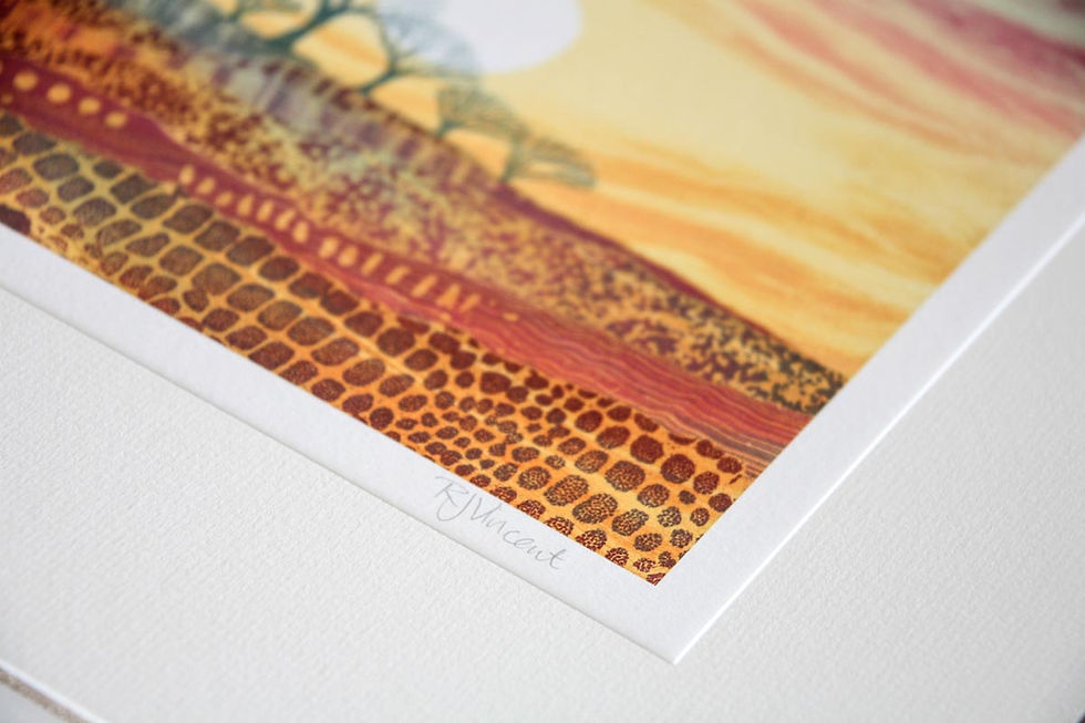 Thumbnail: Daybreak landscape art print painting by UK Northumberland artist Rebecca Vincent trees dawn light pink signature