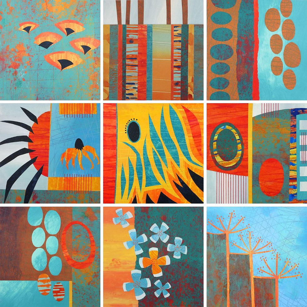 Rebecca Vincent set of collages in Blue and orange contemporary abstract geometric style modern home