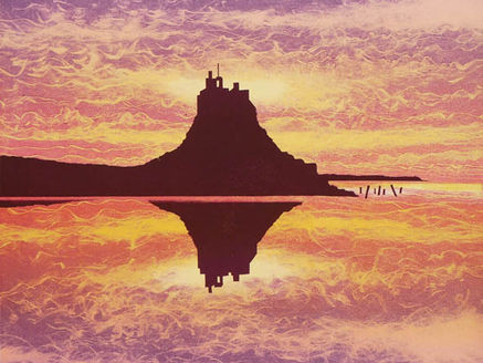 Lindisfarne Castle painting on Holy Island, Northumberland, dawn light reflected on calm sea by Rebecca Vincent