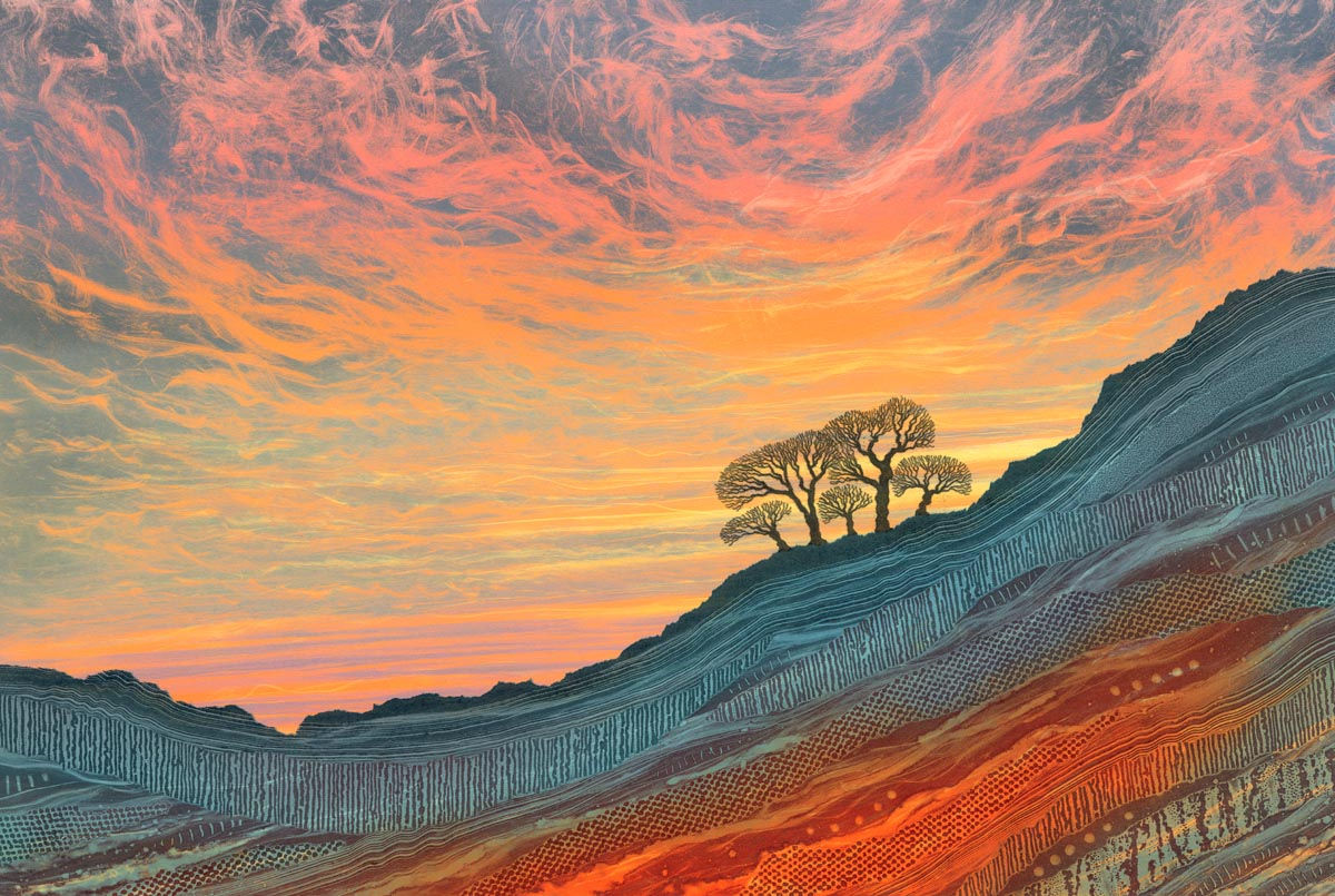 Rebecca Vincent sunset landscape canvas print Northumberland artist trees rocks