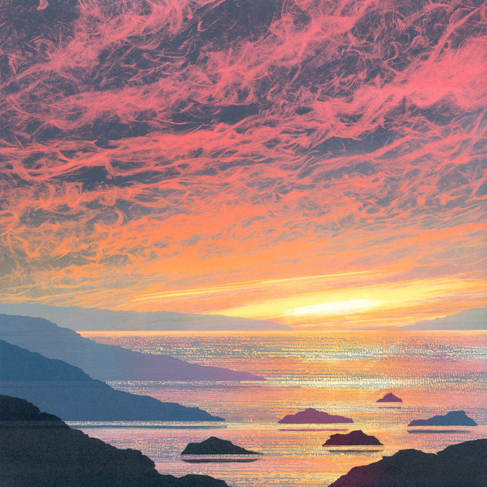 Rebecca Vincent Tranqility seascape sunset print colourful sea sky headlands rocks