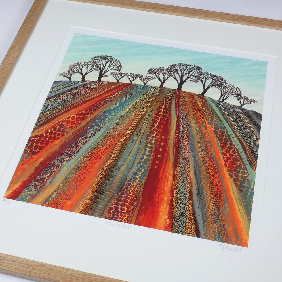 Thumbnail: Rebecca Vincent Down to Earth ploughed field with winter trees art print red blue orange patterns furrows countryside farming