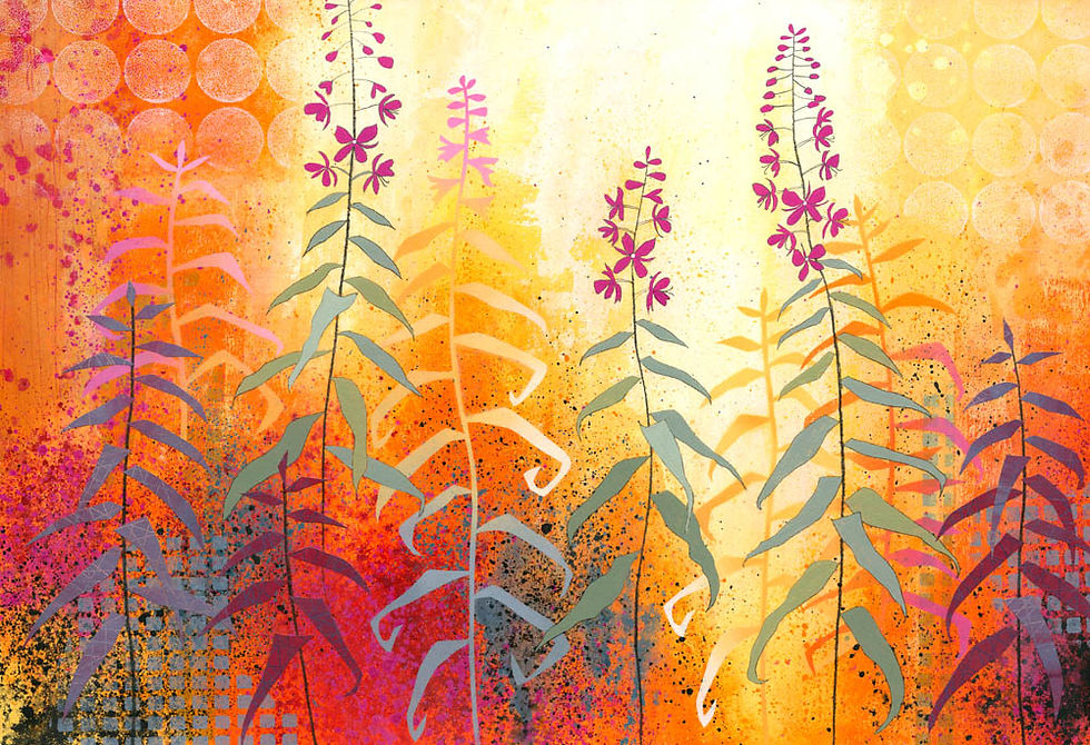 Rosebay Willowherb Fireweed painting by Rebecca Vincent magenta pink and gold abstract floral art