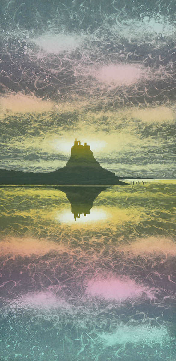 Rebecca Vincent Lindisfarne Castle painting on Holy Island, Northumberland, dawn light reflected on calm sea